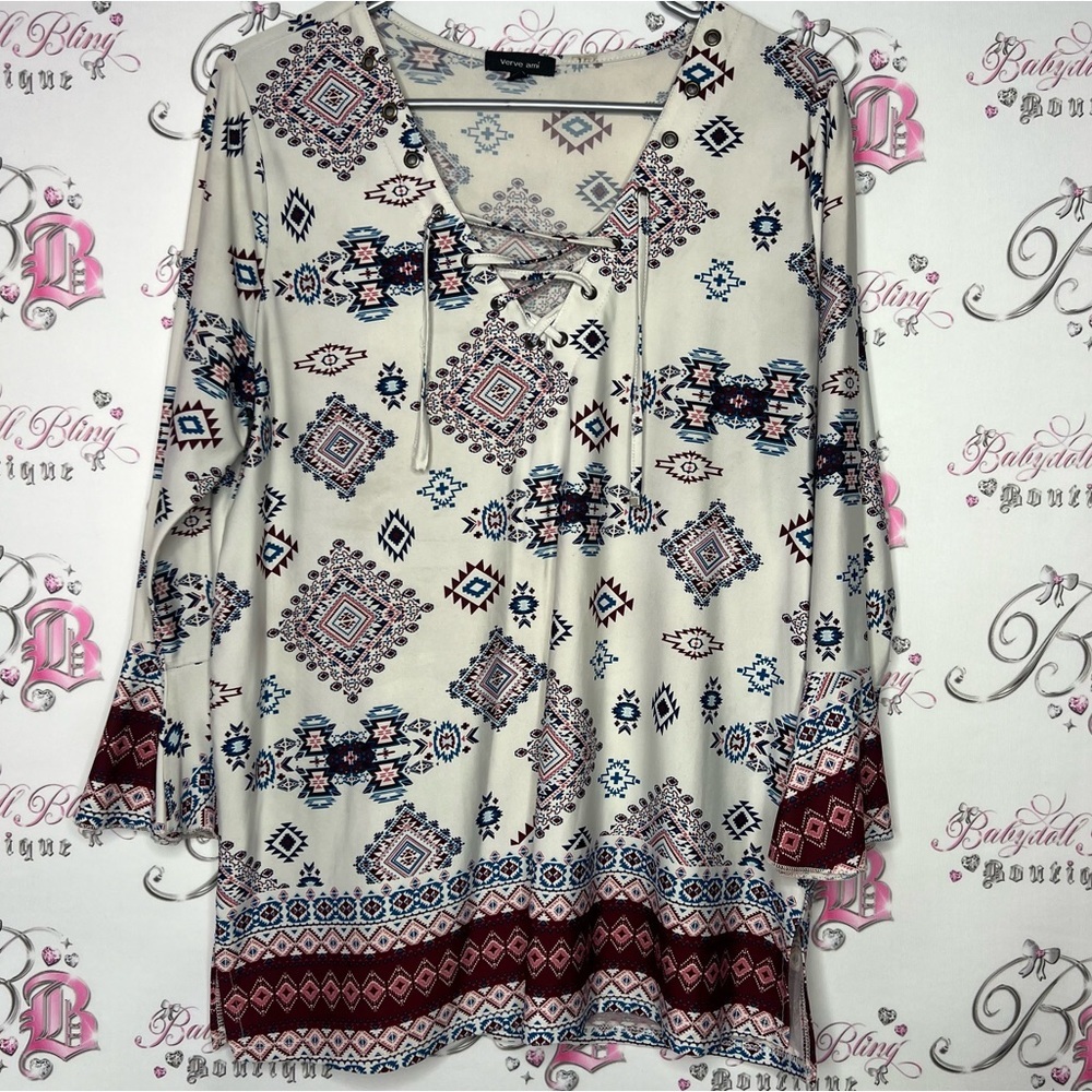 Verve Ami blouse tribal Aztec corset lace up detail front white blue red